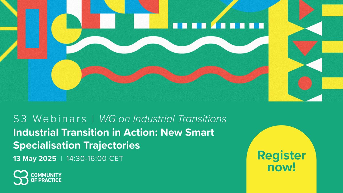 S3Cop_EU's tweet photo. ๐ Regions across Europe are rethinking their economic futures.
On 13 May, discover how #SmartSpecialisation supports industrial transformation by focusing on local strengths and strategic sectors.
๐Register now for the webinar: https://t.co/VfVy02f077 https://t.co/1DftzmVYbG