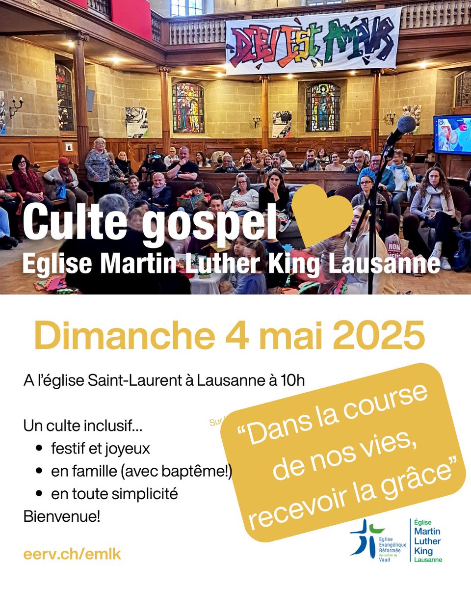 EgliseMLK_EERV's tweet photo. Ce 𝐝𝐢𝐦𝐚𝐧𝐜𝐡𝐞 𝟒 𝐦𝐚𝐢, #cultegospel explosif, joyeux et intergénérationnel, où chacun·e est bienvenu·e, occasion de vivre un 𝐛𝐚𝐩𝐭𝐞̂𝐦𝐞 et de méditer sur 𝐥𝐚 𝐩𝐮𝐢𝐬𝐬𝐚𝐧𝐜𝐞 𝐝𝐞 𝐥𝐚 𝐠𝐫𝐚̂𝐜𝐞 𝐝𝐚𝐧𝐬 𝐥𝐚 𝐜𝐨𝐮𝐫𝐬𝐞 𝐝𝐞 𝐧𝐨𝐬 𝐯𝐢𝐞𝐬. #EERV https://t.co/XnzMOwqO6w