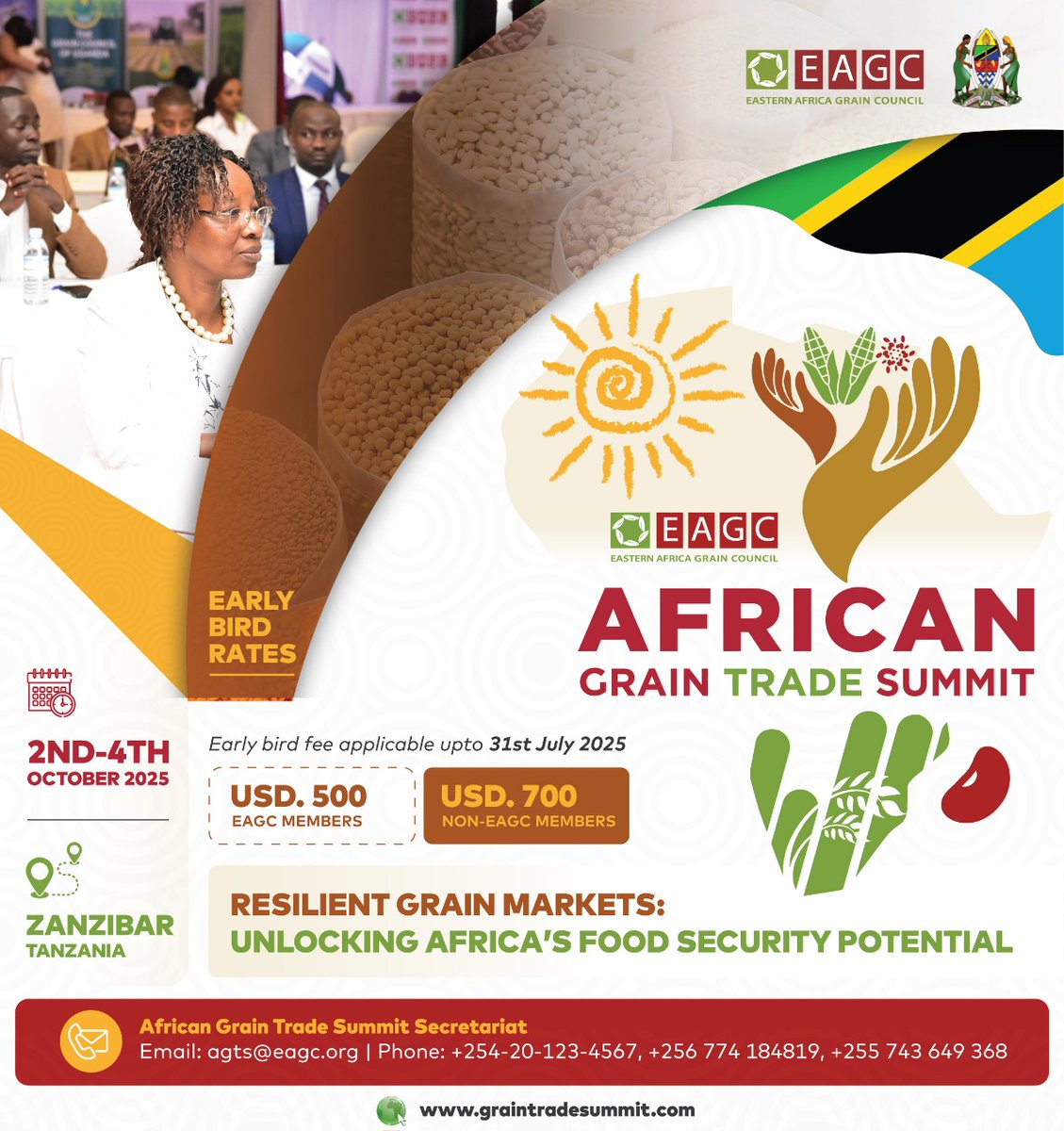 Africa’s grains, Africa’s future! 

This October, join us at the African Grain Trade Summit (AGTS) and be part of shaping a resilient and food-secure Africa.
 
Date: 2nd–4th October 2025
Location: Zanzibar, Tanzania

Early bird registration is open until 31st July 2025 

Register