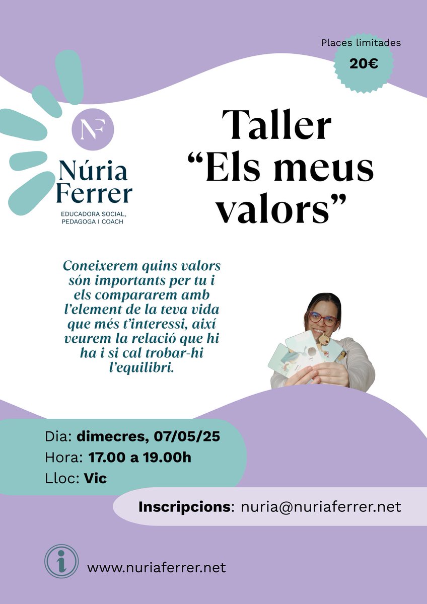 🆕️ Apunta't al taller que faré sobre #valors ‼ 
     ✅ Coneixerem els teus valors.
     ✅ Agafarem un element de la teva vida i compararem valors.
     ✅ Reflexionarem sobre els resultats.
     ✅ Buscarem com millorar.
📍 #Vic #educaciósocial #coaching #pedagogia