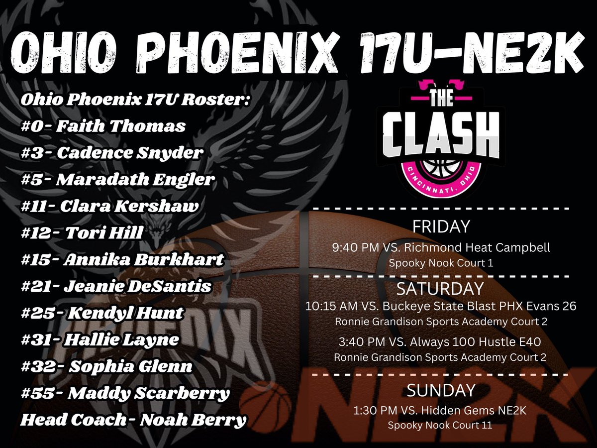 PhoenixBBallAAU's tweet photo. Ohio Phoenix 17U-NE2K Will Be At The Clash This Weekend!!! 

College Coaches This Is A Talented Group Of Players That Will Be Program Changers!!! Come Check Them Out This Weekend…

@Coach_BSims @CoachTyRozier @CoachCPeay @CoachWillOHara @Coach_Sahar @_CoachJess @CoachMissaA @CoachDawkins32 @coachtaymiller @CoachJonessss @Coachalexisp3 @Coach_AshYu @CapitalWBB @RIOWBB @Malone_WBB @MSJ_WomensHoops @MUMWBB @angie_saiter @CoachMissaA @Coachalexisp3 @Elite40League @NE2KHoops @16UNE2K_OPHX @CoachTyRozier @HoopnCoach21 @CoachAmyEagan @PGH_Ohio @coach_harveywbb @coachkotas @AshlandWBB @YSUWomensHoops @xocoachtee @moreid_thatsme @_UTCoachRo @CoachRobMcD @Coach1Nia @OGBSP @CoachAGHoward @CoachMattWise @AURavensWBB @Ott_Wbasketball @ClarionWBB @CoachMcNelis @MiamiOH_WBB @OaklandWBBall