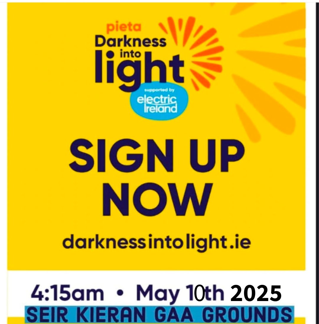 Seir Kieran GAA Healthy Club are hosting Darkness into Light again this year ! Clink on the link below to support this great event, if you can join us at 4.15am on the morning of Saturday 10th May 2025 at the GAA grounds.

darknessintolight.ie/fundraisers/he…