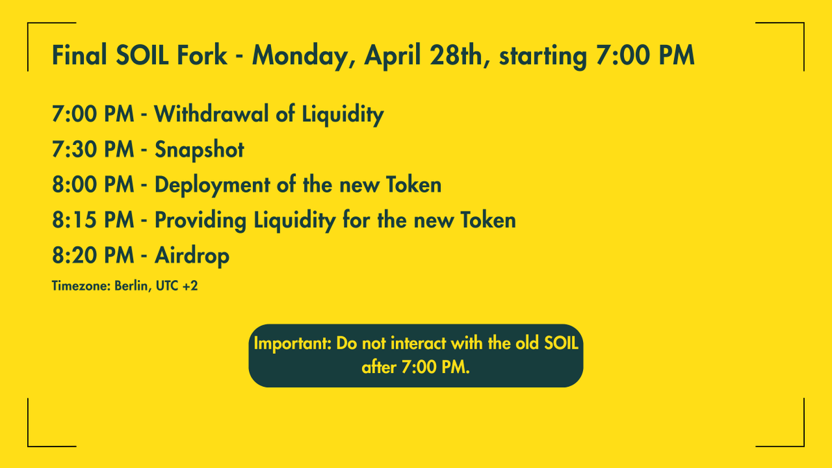Important:
On Monday, April 28th, starting at 7:00 PM (UTC +2), we will perform the final fork of the SOIL token.

This fork is necessary to build the future infrastructure we are planning. Our goal is to offer every new customer a super easy user experience (UX) — which is why