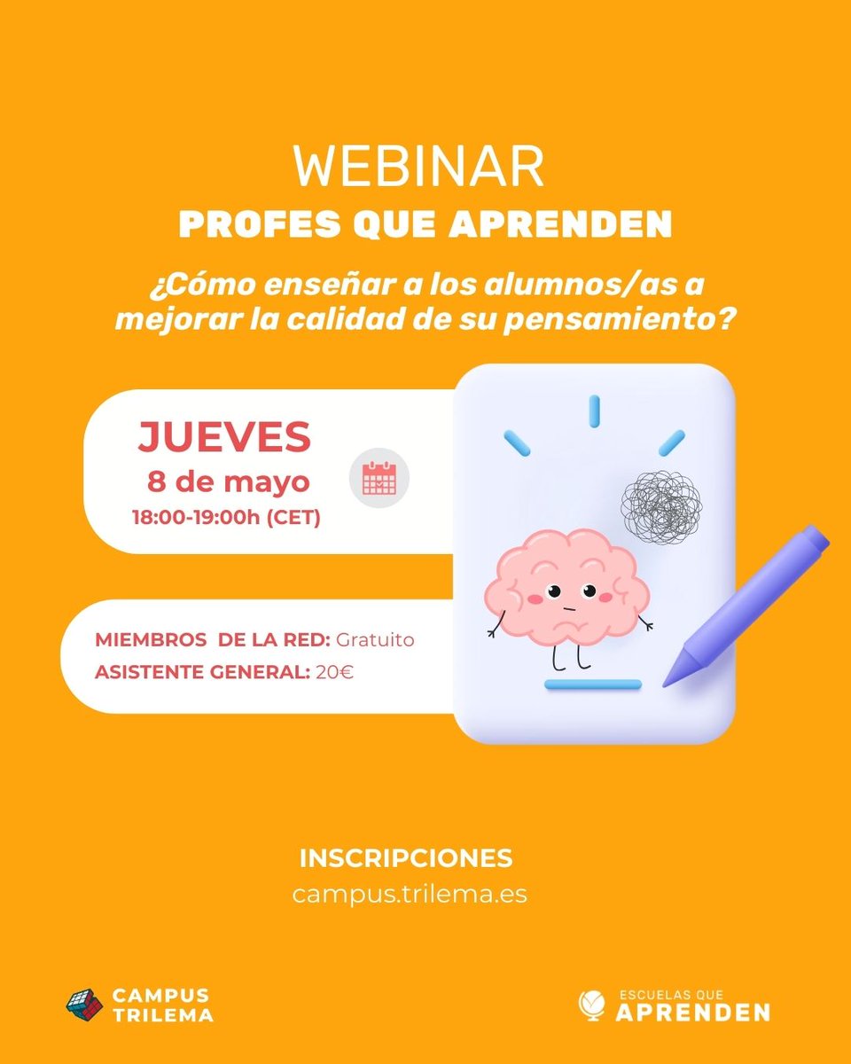 🧠 ¿Podemos enseñar a pensar mejor?
El 8 de mayo en #ProfesQueAprenden hablaremos sobre cómo entrenar el pensamiento en el aula.
📍 Online | 18:00h (hora española)
🔗 Inscríbete: campus.trilema.es/project/evento…
#EQAp #InnovaciónEducativa #PensamientoCrítico #WebinarEducativo