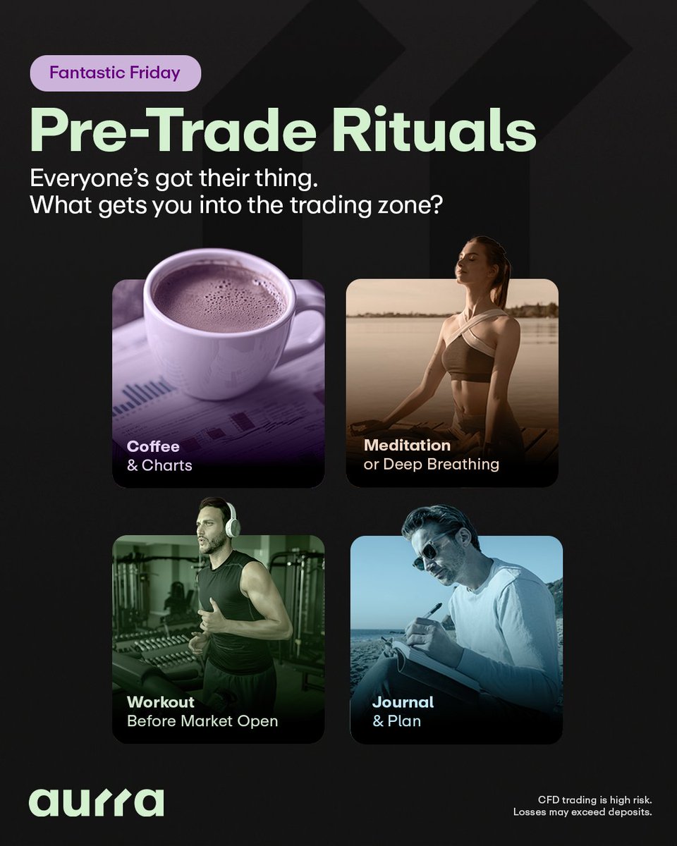 aurramarkets's tweet image. 🎯 Fantastic Friday: Pre-Trade Rituals
How do you get in the zone before a trading session?
☕ Coffee?
🧘 Meditation?
📓 Workout?
🏋️ Journalling?
Reply with your go-to routine. Let’s share some ideas to level up our mental game!
#AurraMarkets #FantasticFriday #TradingRoutine
