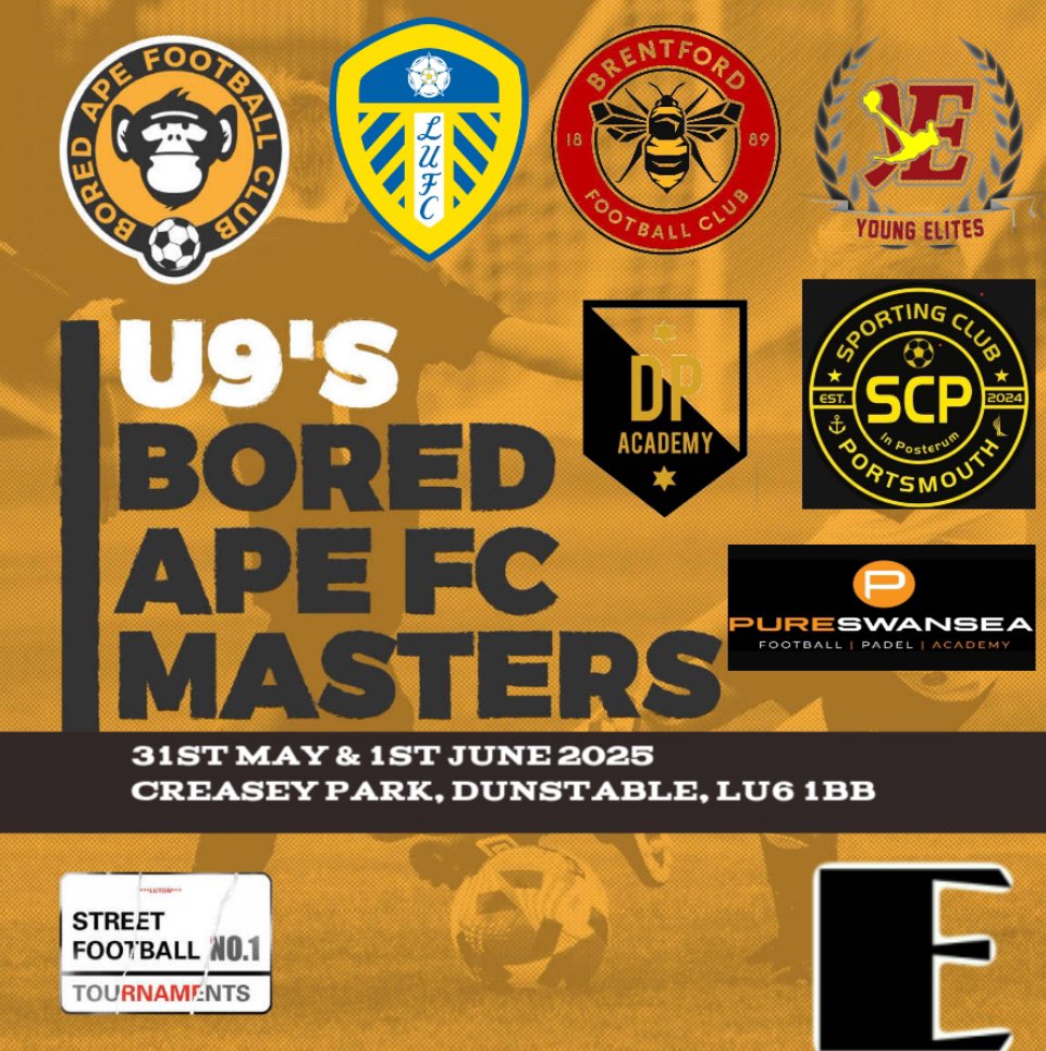 SFTLuton's tweet photo. GROUP E @BoredApe_FC Masters 

Featuring 
@LUFC Leeds United 
@BrentfordFCPDP Brentford 
Young Elite
DP Academy 
@PureSwansea 
Sporting Club Portsmouth 

Teams from across the country featured in this group 👏 https://t.co/qryuwBRcAh