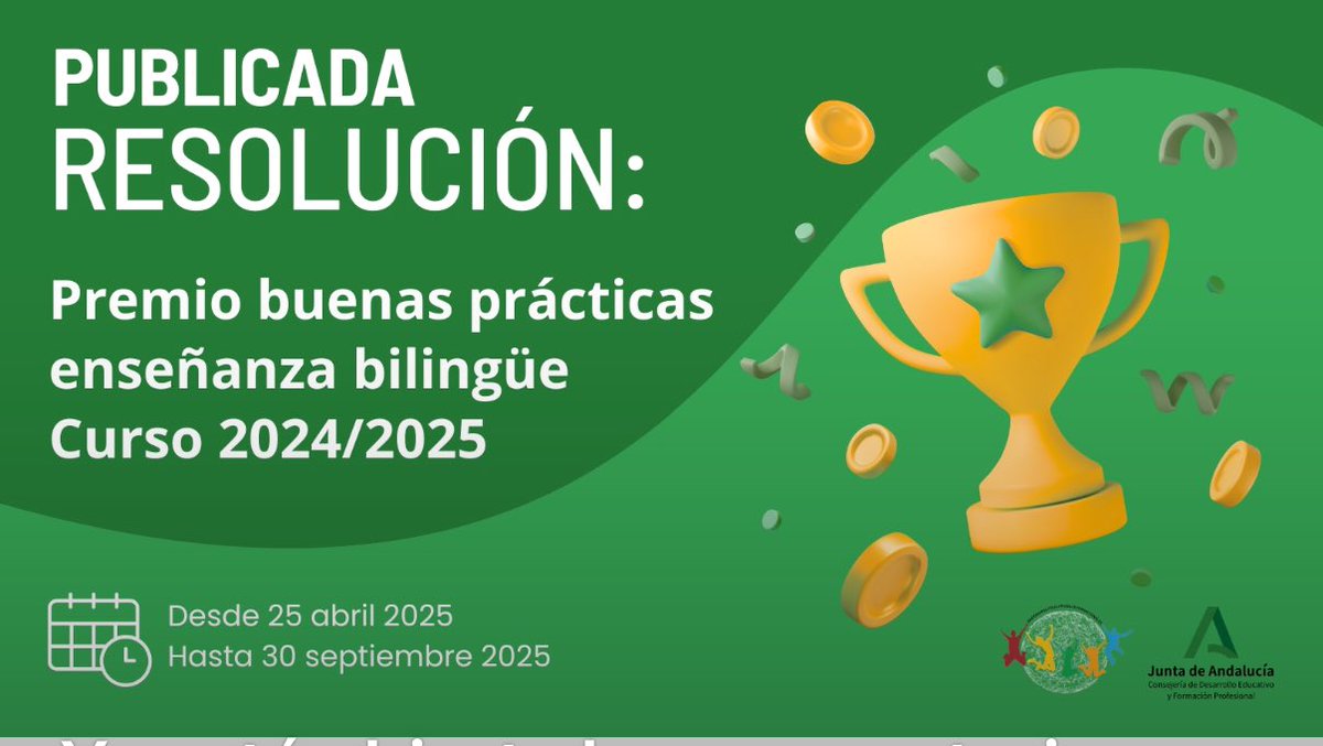 Ya está abierta la convocatoria para presentar buenas prácticas bilingüe o plurilingüe del curso 24/25 desarrollada en tu centro educativo
No pierdas la oportunidad de optar a este premio! 
Más info: juntadeandalucia.es/educacion/port…
#pluriAnd     
@educaAnd     
#FSEPlus    
<a href="/UE_ANDALUCIA/">FondosUE_Andalucía</a>
