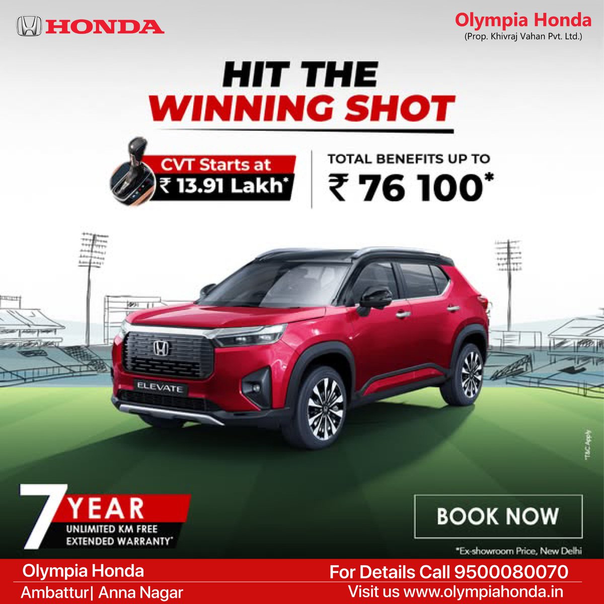 Hit the winning shot with the Honda Elevate! 🏆 CVT starts at ₹13.91 Lakh* &amp; enjoy benefits up to ₹76,100*! 🤩 Book now! 🔥
#HondaElevate #WinningShot #CVT #TotalBenefits #OlympiaHonda #ChennaiCars 🚗💨