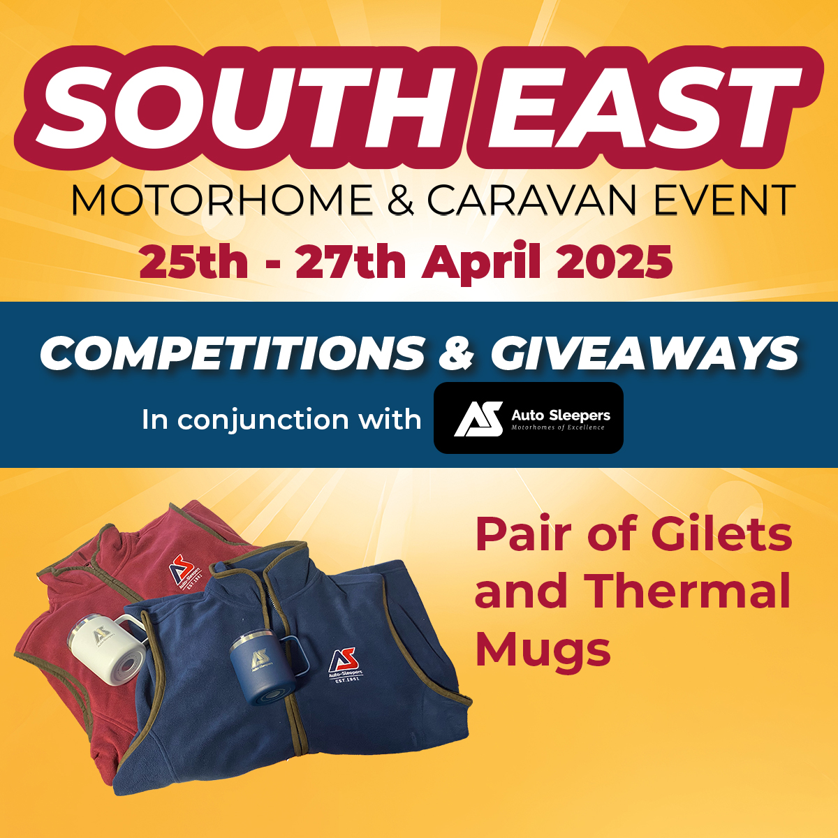 What an amazing weekend we've had so far!
If you're still to visit we can't wait to see you. On arrival enter our FREE PRIZE DRAW for your chance to WIN amazing prizes including this <a href="/ASGMotorhomes/">Auto-Sleepers</a> bundle of 2 Gilets &amp; 2 Thermal Mugs!
Register to join us bit.ly/3Endpj7