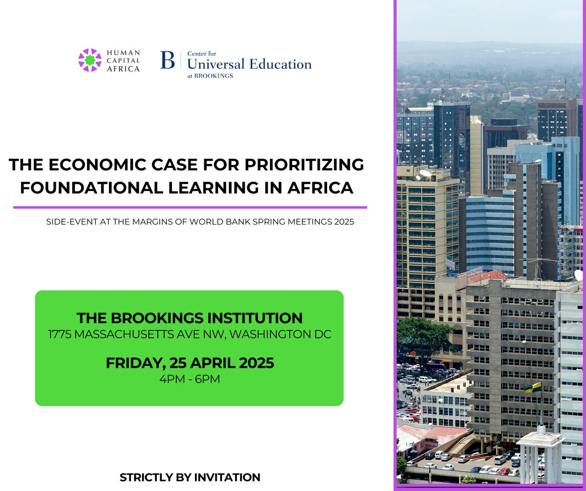 HumanCapAfrica's tweet image. Today, finance and education ministers will meet in Washington, DC, for an event titled The Economic Case for Prioritizing Foundational Learning in Africa.
Co-hosted by @HumanCapAfrica and the Center for Universal Education (@BrookingsInst), with support from @UNICEF.