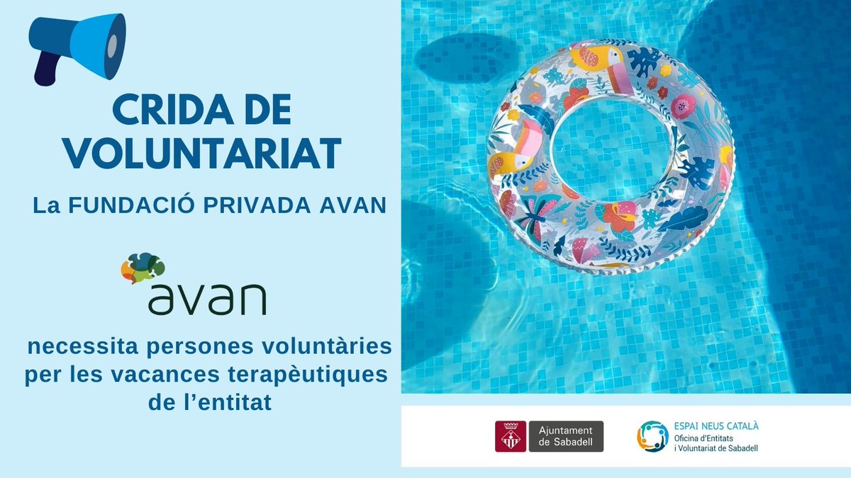 #VOLUNTARIAT 📢NOVA CRIDA‼️ 

🏖️ La Fundació Privada AVAN necessita persones voluntàries, per les vacances terapèutiques d'estiu de l'entitat

🔗 Més informació: bit.ly/4izoTOn

#CridesVoluntariatSbd #Sabadell
