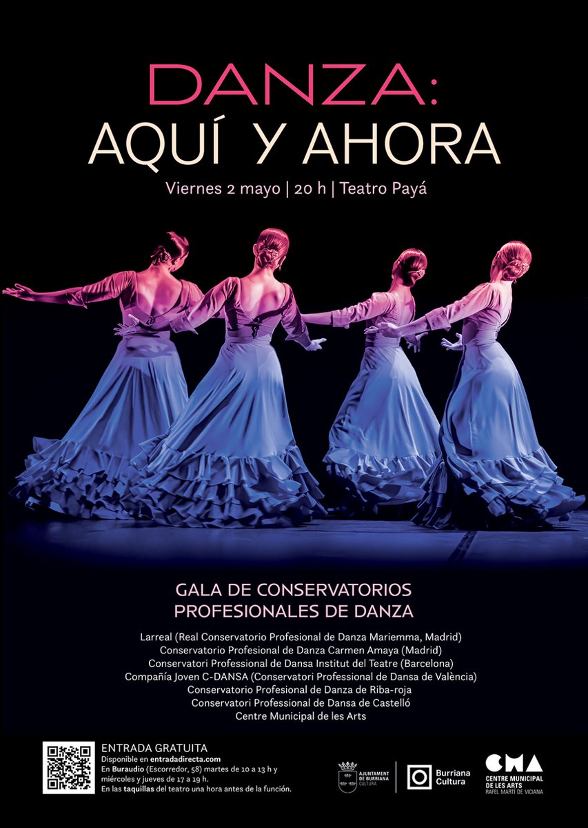 El próximo 2 de mayo a las 20.00h, el Ayuntamiento de Burriana, a través de la Concejalía de Cultura y el Centre Municipal de les Arts, organiza una gala de danza con bailarines llegados de distintos conservatorios. Las entradas son gratuitas.
