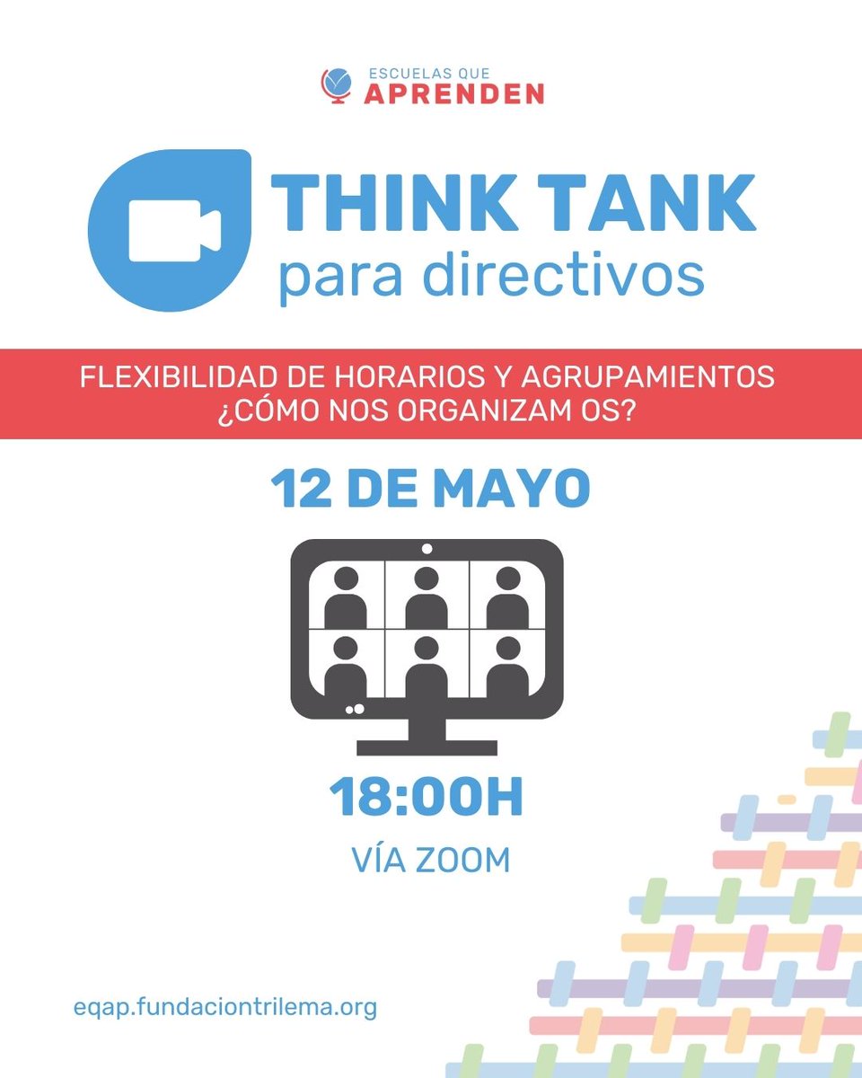 🧠 Think Tank para directivos
📅 12 mayo | 18:00h (CET)
💻 Vía Zoom
¿Cómo organizamos horarios y agrupamientos para responder mejor al alumnado?
#EscuelasQueAprenden
🔗 eqap.fundaciontrilema.org
#ThinkTank #EQAp #FlexibilidadDeHorarios #Agrupamientos