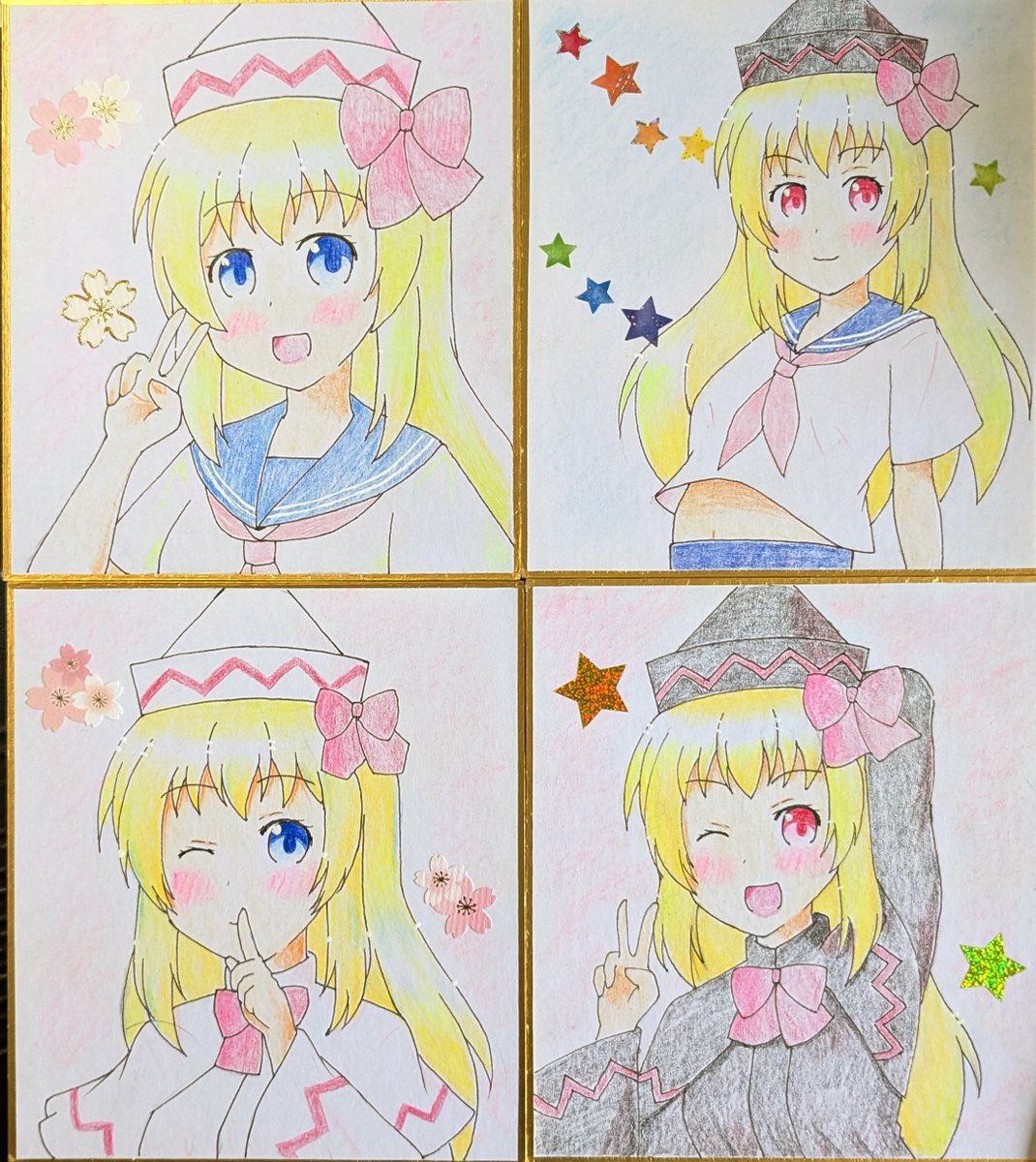 次に頒布色紙です。
自分の作品は小色紙、大色紙とあります。
写真ではなかなか再現出来てないのですが、発色のいい色鉛筆を使っているので、とても色鮮やかに仕上がってます。
小色紙は(12cm×13.5cmの大きさ)1500円、大色紙(24.2cm×27.2cm)は作業にかかった時間で決めております(続きます)