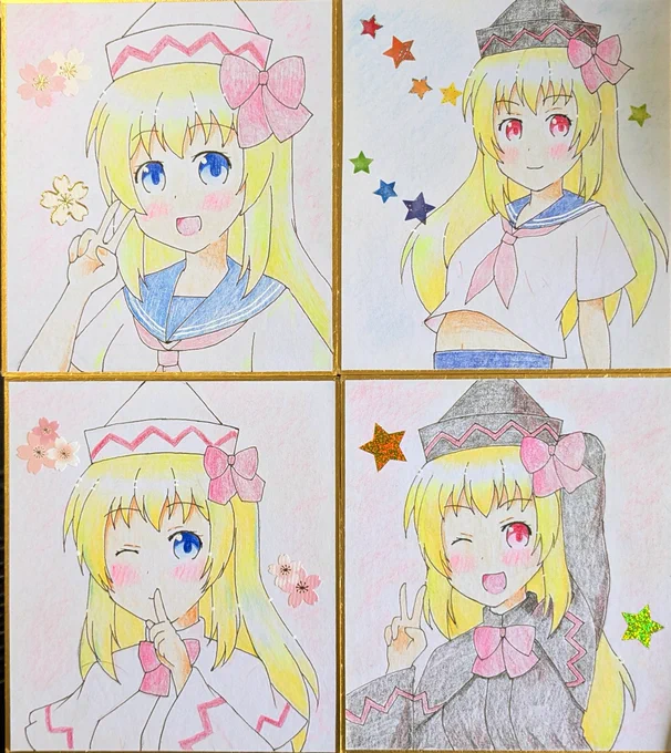 次に頒布色紙です。

自分の作品は小色紙、大色紙とあります。
写真ではなかなか再現出来てないのですが、発色のいい色鉛筆を使っているので、とても色鮮やかに仕上がってます。

小色紙は(12cm×13.5cmの大きさ)1500円、大色紙(24.2cm×27.2cm)は作業にかかった時間で決めております(続きます) 