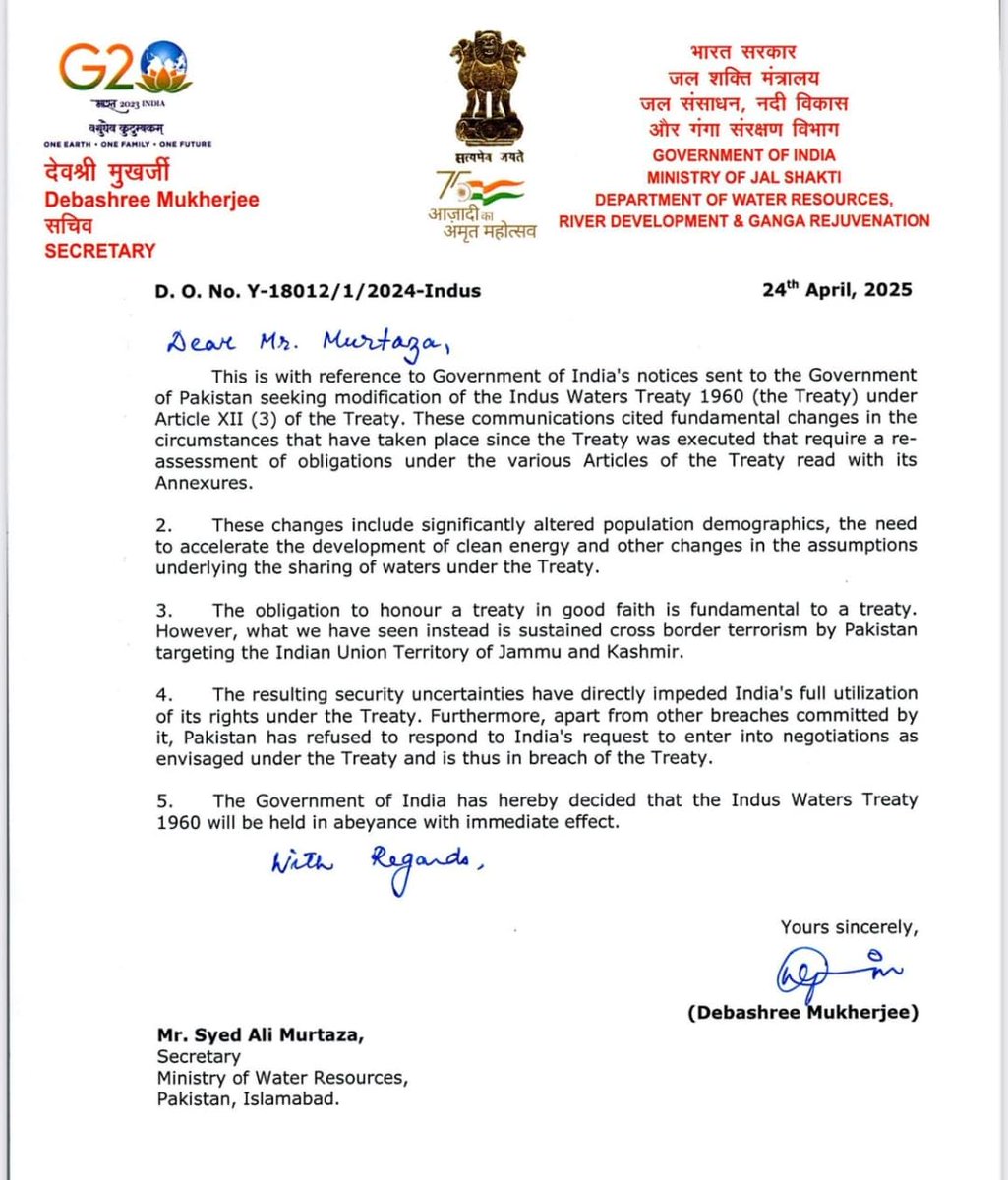 Chellaney's tweet photo. India has the option to make a legal exit from the Indus Waters Treaty (IWT). Article 60 of the VCLT permits a state to suspend or withdraw from a treaty in the event of a material breach by the other party. International law also provides for a fundamental change in circumstances as a valid reason for treaty withdrawal, as laid out in Article 62 of the VCLT.

Yet, despite citing both a fundamental change of circumstances and material breach, India has chosen neither to suspend nor withdraw from the IWT. Instead it decided to place the IWT "in abeyance," a term not formally defined in international law.

Instead of directly framing Pakistan’s long-standing cross-border terrorism as a material breach of the treaty’s underlying purpose — namely, peaceful cooperation and mutual trust over the shared use of the six-river Indus system resources — the Modi government has tied Pakistan's material breach to Pakistani government's refusal to "enter into negotiations" with India over modifying the terms of the IWT, as permitted under Article X11(3)  of the IWT.