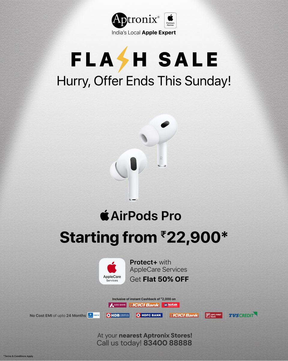 Weekend Flash Sale! 🎉
Buy any AirPods starting at just ₹11,900*
Store locator link - aptronixindia.com/store-locator
(Aptronix, Apple, AirPods, AirPods 4 with ANC, Active Noise Cancellation, AirPods 4, AirPods Pro 2nd Gen, Wireless Earphones)