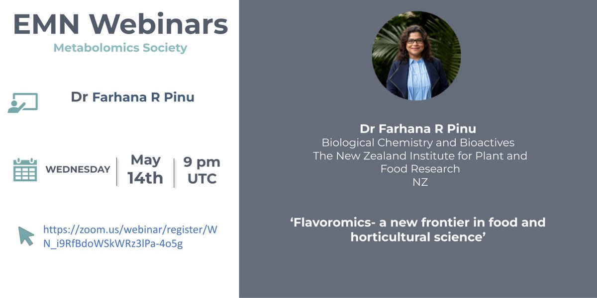 EMN Metabolomics Society (@emn_metsoc) on Twitter photo 📢 Webinar | May 14 @ 9pm UTC
“Flavoromics – A New Frontier in Food and Horticultural Science” 👨🔬😋
Feat. Dr. <a href="/Faaaa_NZ/">Farhana Pinu</a> (The New Zealand Institute for Plant and Food Research)
📝 Register for free: tinyurl.com/36zupfme
See you there! 👋
#Metabolomics #Flavoromics #EMN 📢 Webinar | May 14 @ 9pm UTC
“Flavoromics – A New Frontier in Food and Horticultural Science” 👨🔬😋
Feat. Dr. <a href="/Faaaa_NZ/">Farhana Pinu</a> (The New Zealand Institute for Plant and Food Research)
📝 Register for free: tinyurl.com/36zupfme
See you there! 👋
#Metabolomics #Flavoromics #EMN