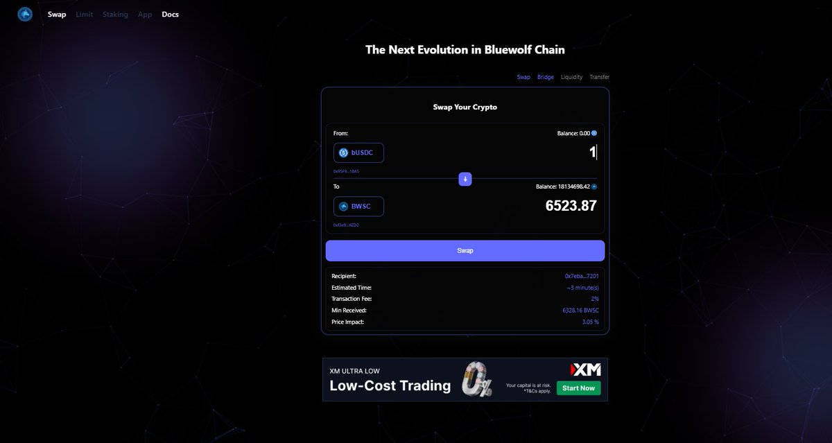 Bluewolf Chain is  open !!!

> Swap
- bUSDC <> BWSC

> Bridge (Cross Chain)
- BSC (Binance smart chain) <> BWSC (Bluewolf Chain)
- USDC : BSC <> BWSC
USDC > bUSDC
bUSDC > USDC
- BWSC : BSC <> BWSC
BWSC <> BWSC
- $BWG : BSC > BWSC
$BWG >  BWSC (1:200)

Coming Up !!
Are you ready