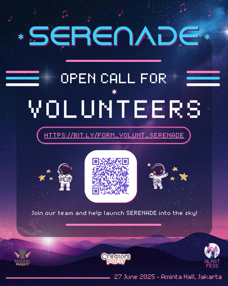 CreatorsParty's tweet photo. 🌌✨Attention Serenauts! Volunteers needed for the Serenade event. Multiple roles available. Seeking individuals who work well in a team.  

🔗Sign up: https://t.co/sk3mVmSJst
📅Registration will be closed on 11 May 2025 

#Serenade2025 #alienstage #creatorsparty #Volunteers https://t.co/Ajix7DuZZI
