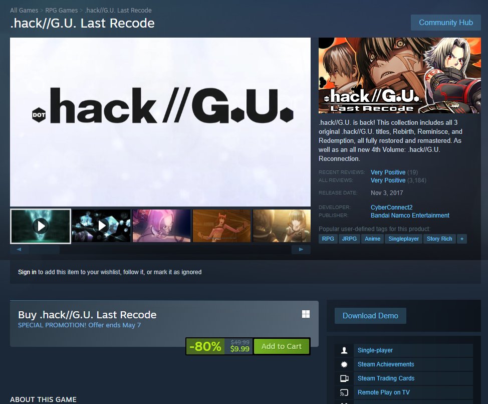 dothacknetwork's tweet image. .hack//G.U. Last Recode for PC Steam &amp;amp; Steamdeck now on sale for $9.99 till May 7th, 80% off regular price.
#dothack #ドットハック
store.steampowered.com/app/525480/hac…