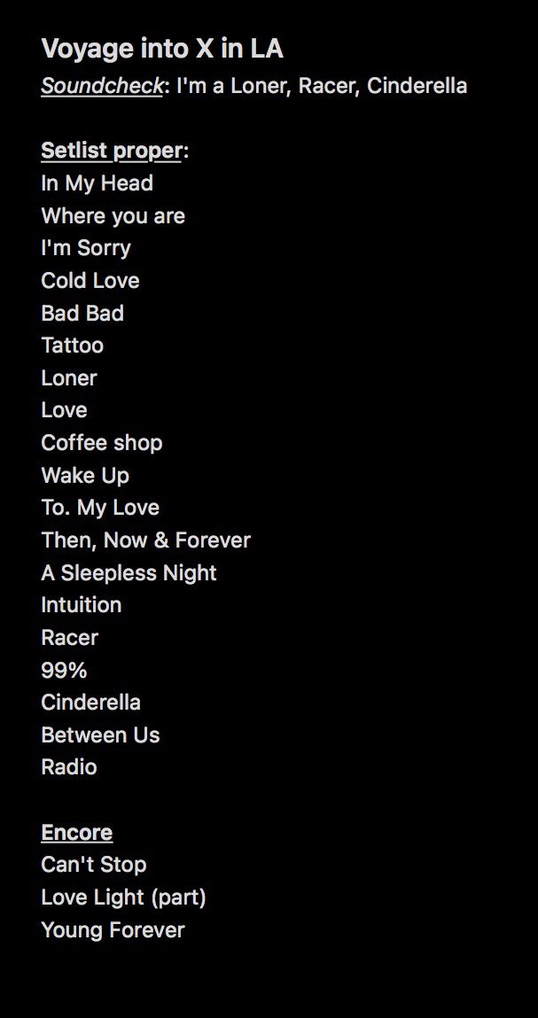 _silverjimin's tweet photo. LA Tour Setlist

#CNBLUE #씨엔블루 #VOYAGE_into_X #VOYAGE_into_X_LA #VOYAGE_into_X_North_America #RoadtoTOKYODOME
From CNBLUE UN Support https://t.co/2AZ1B3qo6W