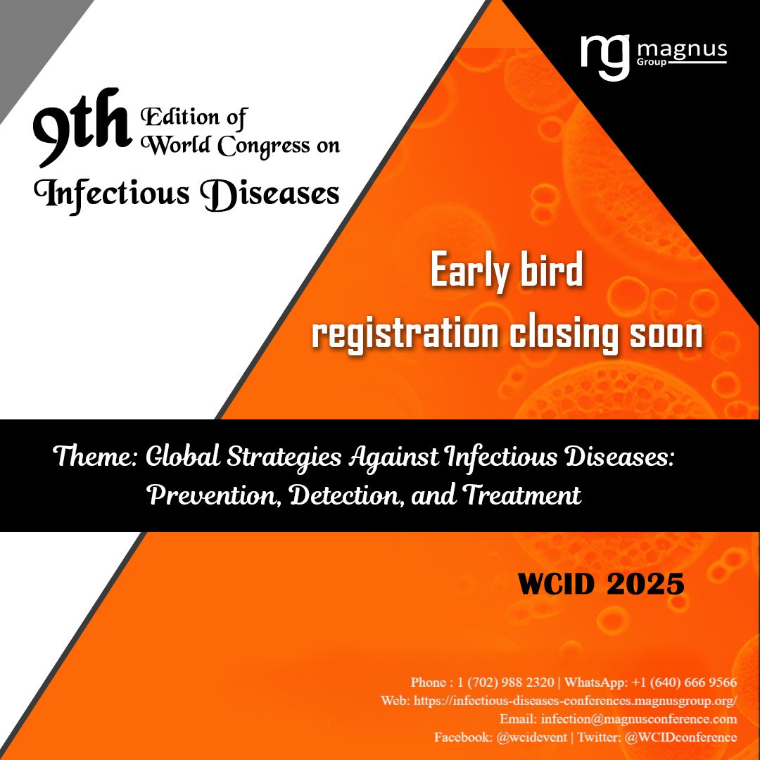 WCID-2025 (@wcidconference) on Twitter photo 🚨 Early Bird Registration Closing Soon! 🚨
Join us <a href="/WCIDconference/">WCID-2025</a> organized by <a href="/magnus_group/">Magnus Group</a>
📅 Dates: October 23-25, 2025
🌍 Venue: Orlando, Florida, USA
Hurry, Early Bird Registration Ends Soon!
Secure your spot today and save on registration fees!
👉 …-diseases-conferences.magnusgroup.org/register 🚨 Early Bird Registration Closing Soon! 🚨
Join us <a href="/WCIDconference/">WCID-2025</a> organized by <a href="/magnus_group/">Magnus Group</a>
📅 Dates: October 23-25, 2025
🌍 Venue: Orlando, Florida, USA
Hurry, Early Bird Registration Ends Soon!
Secure your spot today and save on registration fees!
👉 …-diseases-conferences.magnusgroup.org/register