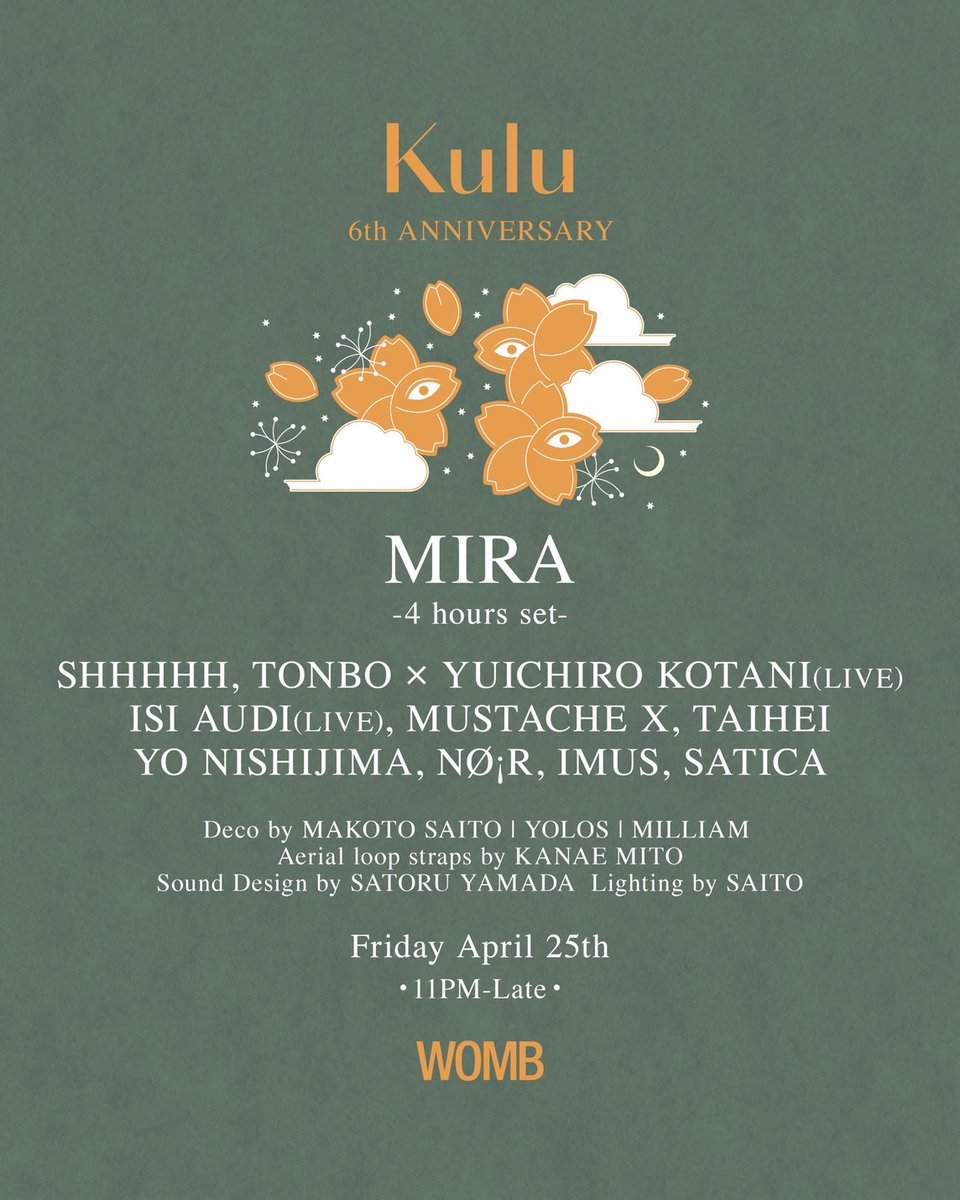 WOMB_Tokyo's tweet photo. TONIGHT
TECHNO, HOUSE

KULU6周年パーティーに、伝説的クラブBar25、その後継となるKater Blauで活動拠点を築いたドイツ・ベルリンを拠点に活動するMiraが4時間セットで登場。
ディープ&amp;ソウルフルでありながら官能的なグルーヴを保ち続ける彼女のセットは必聴!

🎟️前売券 https://t.co/b3Yh4zile7 https://t.co/2mhxl4d6j2