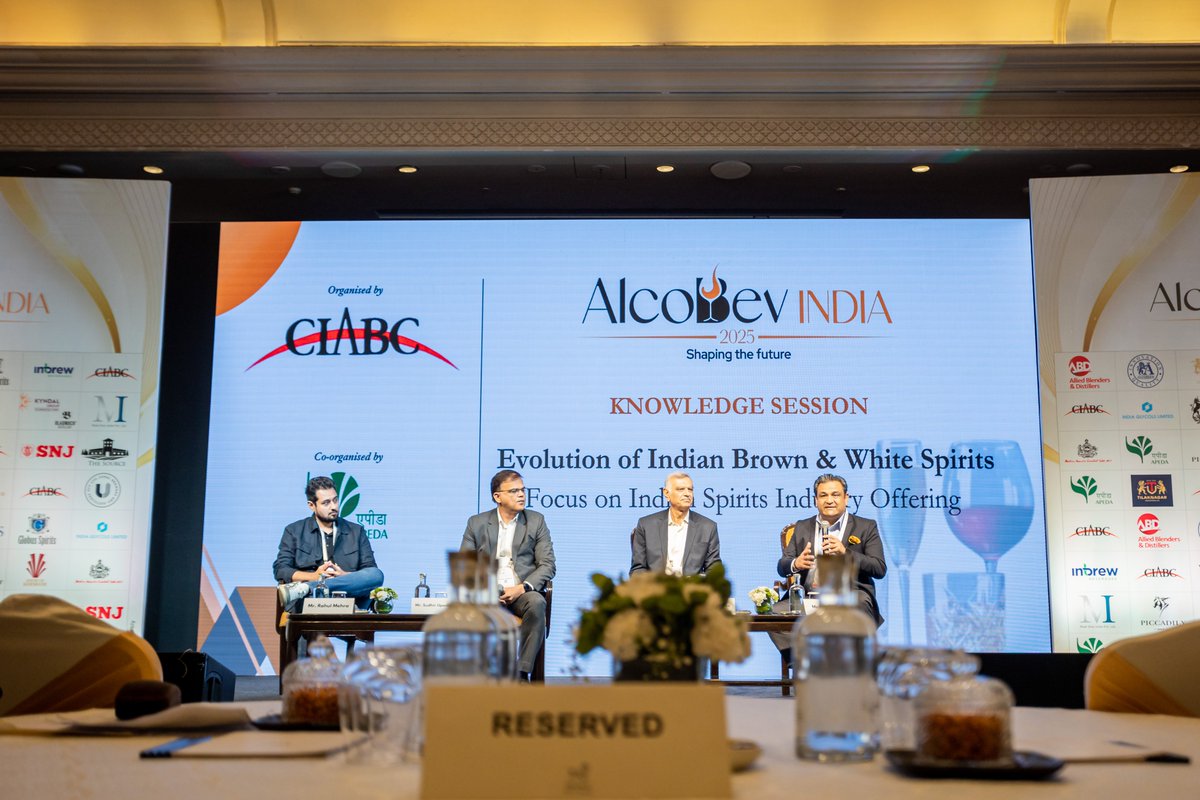 AlcoBevIndia's tweet photo. At #AlcoBevIndia2025, the Industry Evolution Panel, led by Alok Gupta, explored the transformation of Indian spirits. Panelists discussed the shift towards premiumization, evolving consumer preferences, and the rise of craft spirits in the market. 

#IndianSpirits #Innovation https://t.co/pNkknKvZkC