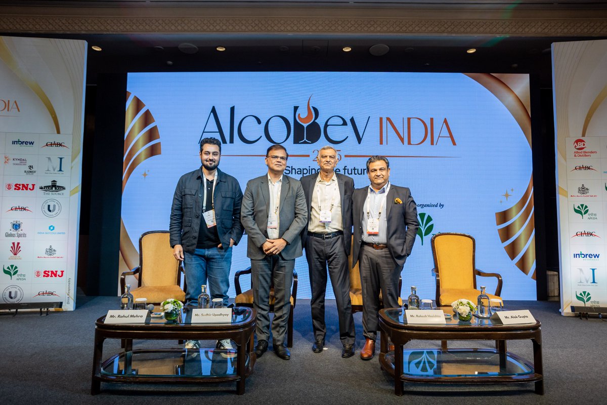 AlcoBevIndia's tweet photo. At #AlcoBevIndia2025, the Industry Evolution Panel, led by Alok Gupta, explored the transformation of Indian spirits. Panelists discussed the shift towards premiumization, evolving consumer preferences, and the rise of craft spirits in the market. 

#IndianSpirits #Innovation https://t.co/pNkknKvZkC