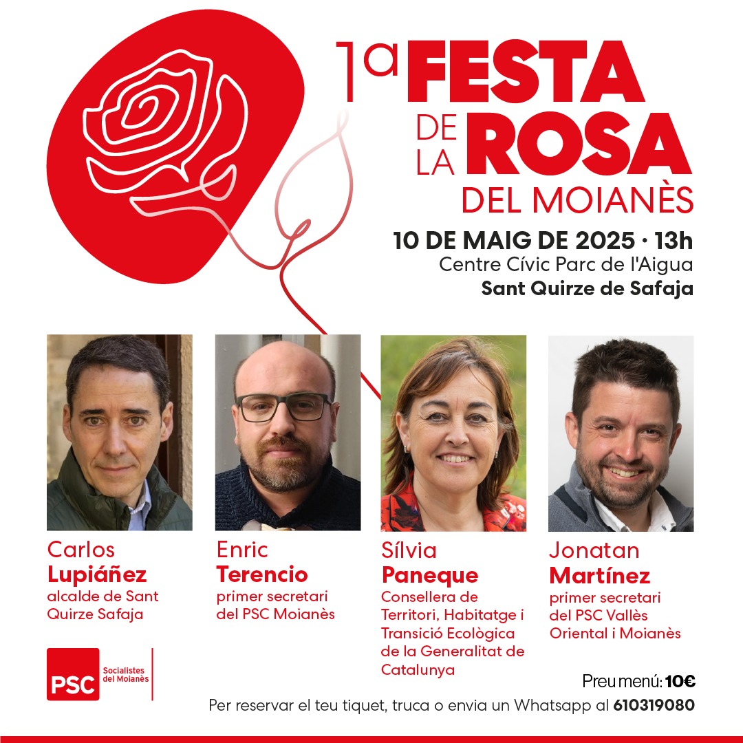 🌹1a Festa de la Rosa dels socialistes del #Moianès🌹

 (amanida,paella,beure i postres) a 10 euros. 

Obert a tothom, en un entorn immillorable 

Si vols venir reserva el teu ticket, envia un WhatsApp al 610319080.
#Moianès <a href="/pscmoia/">PSCMOIÀ</a> <a href="/PSCMoianes/">SocialistesdelMoianes</a> #Moià
