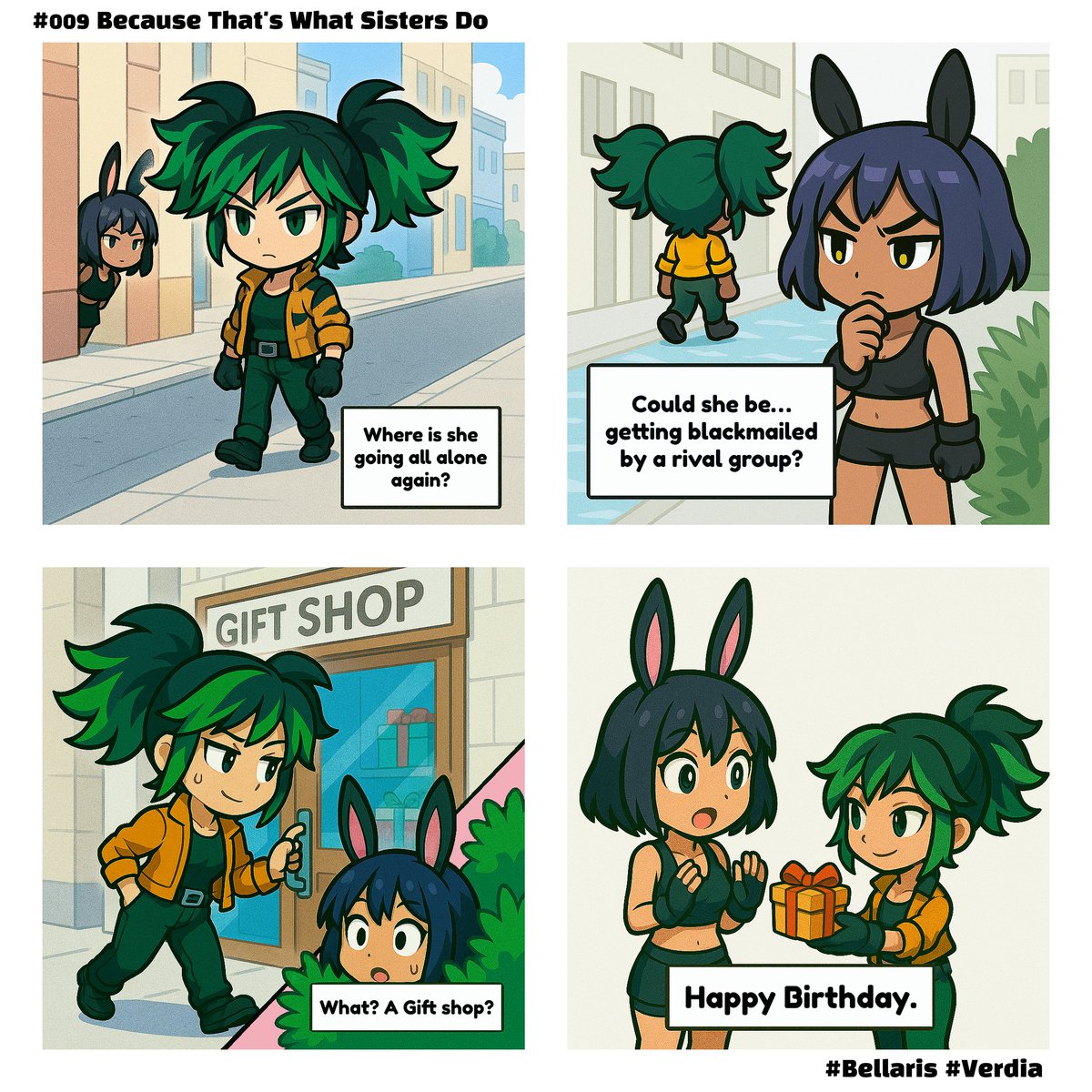 PixelHeroesMMO's tweet photo. 【Comics Of ToyZ】 #009
 
[Because That’s What Sisters Do]
 
She looked suspicious...
But sneaking off for a birthday gift? That’s just big sister stuff. 🎁🐾

#Bellaris #Verdia #4PanelComic