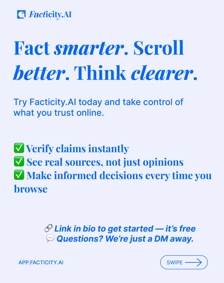 facticityai's tweet photo. Who’s https://t.co/uPUkaaWnYi for? Students, professionals, or anyone curious online — we’ve got you. Fact-check smarter with one simple, real-time, source-based tool built for navigating today’s internet.
💡 Try it free → https://t.co/hFh3fDuMMT
#FactCheck #FakeNews #AITool https://t.co/z4wi82flEV