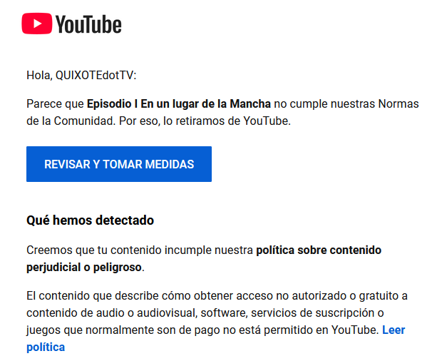 QUIXOTEdotTV's tweet photo. Tras casi dos décadas desde que colgamos el primer vídeo y tras sufrir todo tipo de pirateo de gente subiendo vídeos a @Youtube de la serie DON QUIJOTE DE LA MANCHA (1979), esta plataforma retira nuestros vídeos porque incluyen en la descripción enlaces a nuestra web OFICIAL. https://t.co/bsE39fDD9L