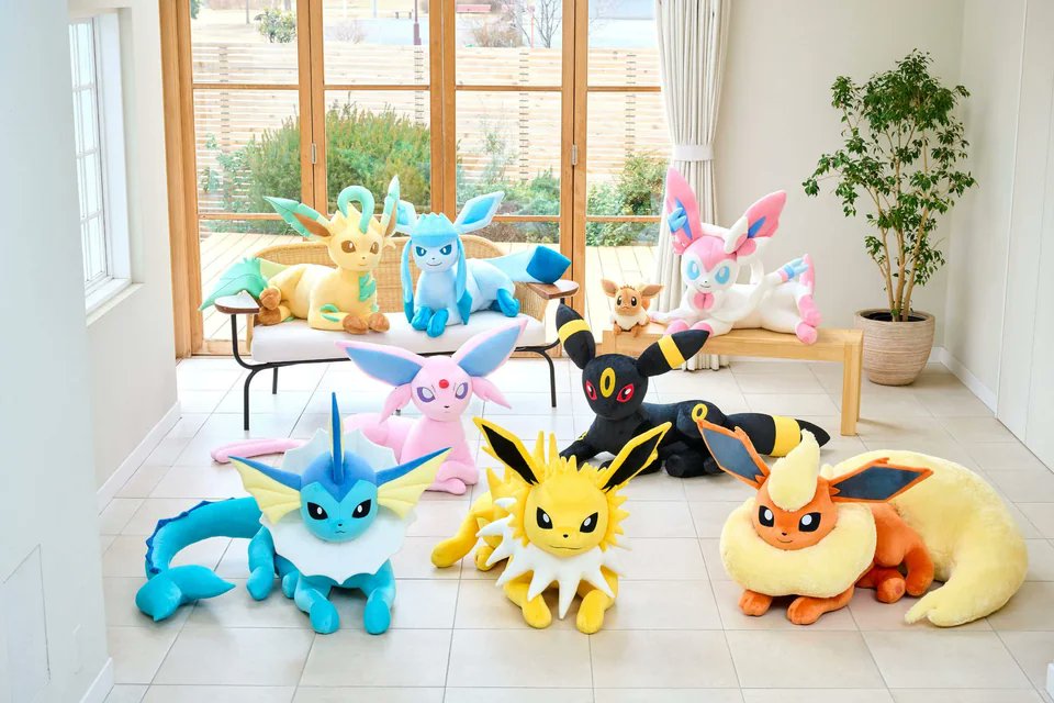 PokemonGOHubNet's tweet photo. Pokémon Company is releasing life size Eeveelution plushes. Retails for 44,000 Japanese Yen or about $310 USD. Orders are expected to ship in November of this year.