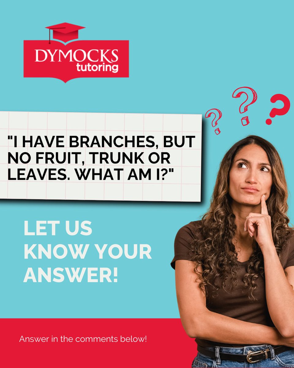 Here’s your riddle to wrap up the week:
"I have branches, but no fruit, trunk or leaves. What am I?" 🌳

Drop your guesses in the comments! We’ll reveal the answer on Monday.

#FridayRiddle #BrainTeaser #FunLearning #DymocksTutoring
