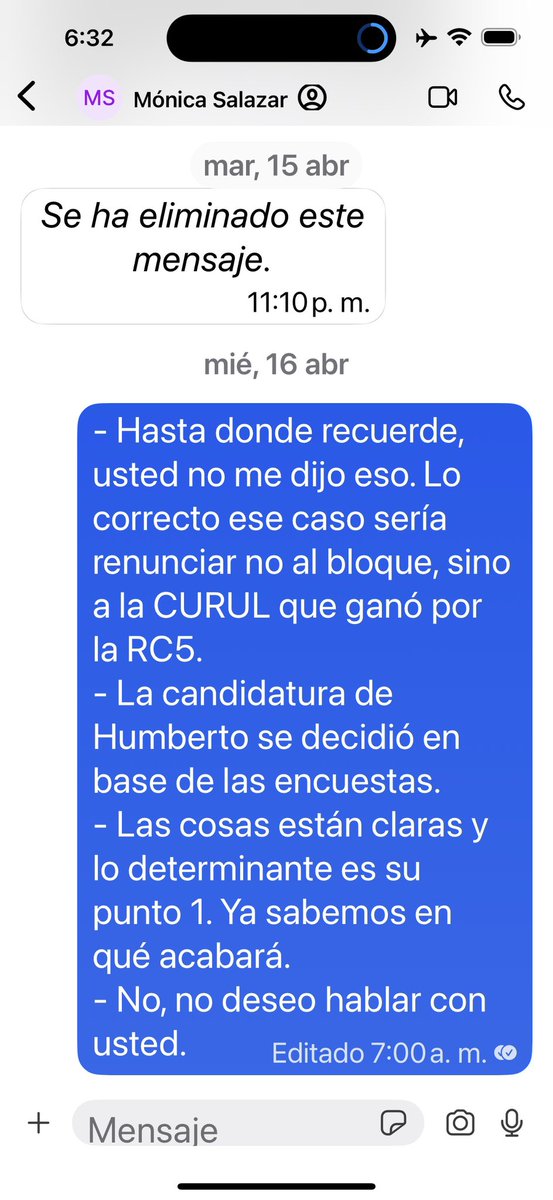 MashiRafael's tweet photo. Mi primera y última referencia al caso Mónica Salazar, quien ya borró el mensaje que me envió el 16 de abril. En él decía, palabras más, palabras menos:
- Que me había dicho que se haría independiente, que no le habían dado la atención que ella merecía en la RC y que tenía graves problemas económicos.
- Que la candidatura de Humberto Alvarado se decidió injustificadamente.
- Que ella votaría de acuerdo con su conciencia.
- Que la «llame» si quiero conversar con ella🤦🏽
Mi respuesta -en azul- es clara (y no necesito borrarla🤷🏻‍♂️).
Seremos menos, pero seremos más.
Hasta aquí llego.