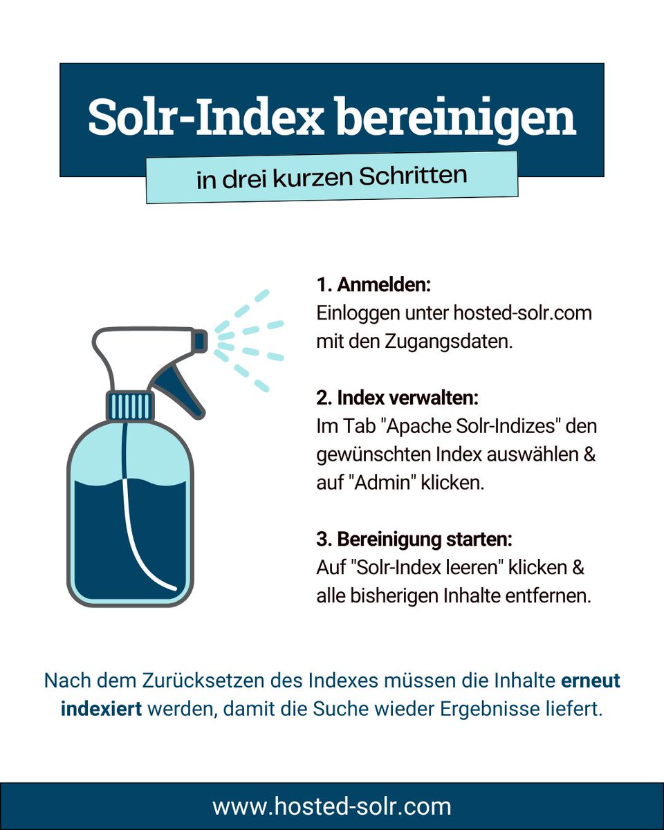 dkd_de's tweet photo. 🧹✨ #Frühjahrsputz für deinen #SolrIndex?

Alte Inhalte, verwaiste Seiten &amp; Datenmüll bremsen deine Suche aus.

Also: Einloggen, Index auswählen, leeren, Neu indexieren! 🚀

👉 So geht’s Schritt für Schritt:
https://t.co/QJba5R7NBk

#solr #TYPO3 #extsolr #websitesuche https://t.co/bUDtputia0