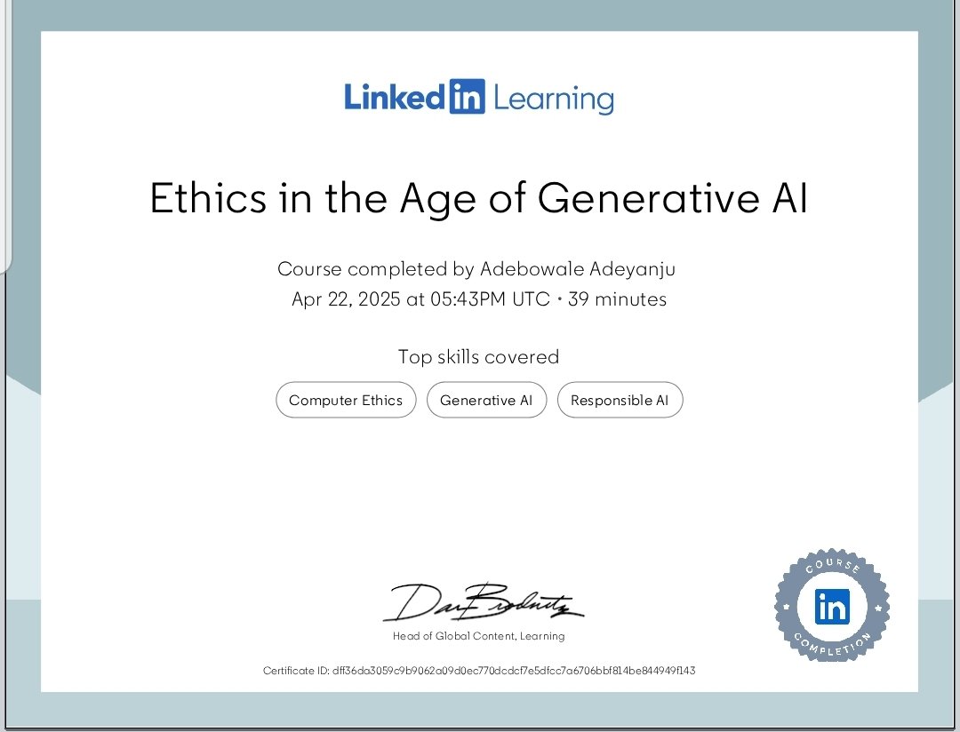 AdeboEmmaAdeyan's tweet photo. AI ethics matter! Completed "Ethics in the Age of Generative AI". Excited to apply #ComputerEthics and #ResponsibleAI principles #GenerativeAI https://t.co/zCwzBG7JeT