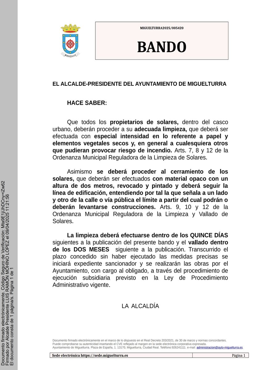 AytoMiguelturra's tweet photo. Bando del Ayuntamiento a colación de limpieza, cerramiento y vallado de solares en Miguelturra 

https://t.co/Kw0go054Sl 

@aytomiguelturra  #MiguelturraESmedioambiente #bandos #bando #bandosmunicipales https://t.co/Unvhx2AN0f