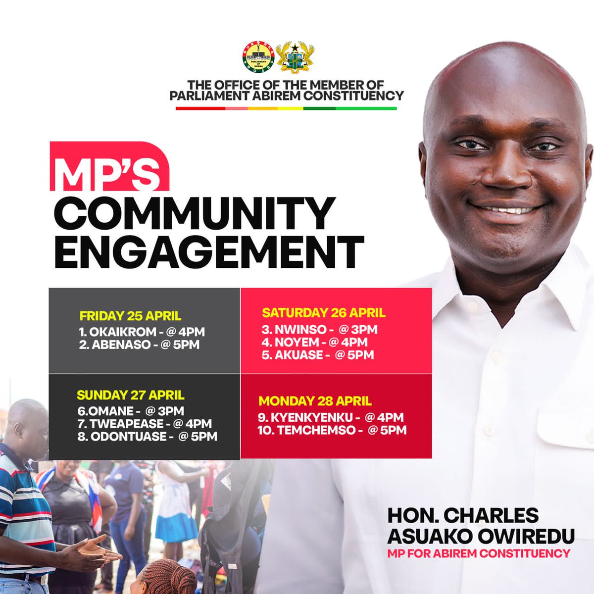 Webcyte22's tweet photo. The MP for Abirem Constituency @CharlesOwiredu3, commences his 2nd phase of the Community Engagements today.
A great leader pays attention to the problems of his people and finds solution to them. Abirem made the right choice.
#AbiremRising
#NewVisionNewDirection https://t.co/yQAORFEONQ