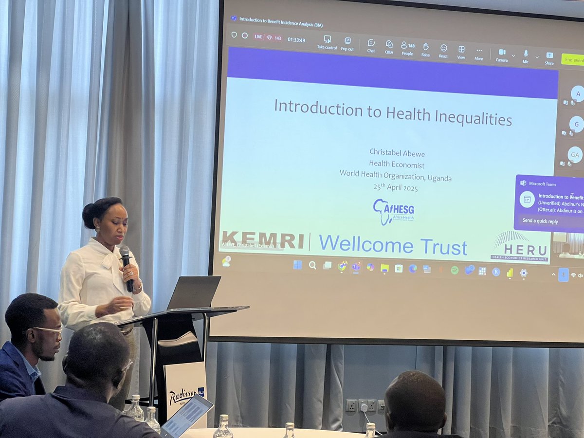 HERU_KEMRI_WT's tweet photo. The first session of the April #AfHESGSession is underway, have you joined?

Today, we discuss Benefit Incidence Analysis! @christabelabewe 

#HealthEconomics
#BIA https://t.co/t7693blbxl