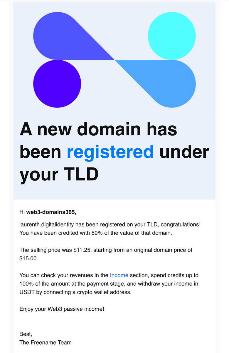 UFDomain's tweet photo. @freenameio @freenamemarket Got an SLD registered on my .DIGITALIDENTITY yesterday. Love getting these emails through!
Thanks https://t.co/Ti6h3DP5qQ https://t.co/M173WT2CK8