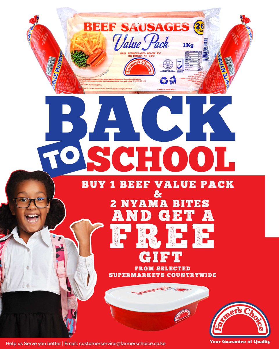 Get your little ones ready for success with Farmer’s Choice.
Buy 1 Beef Value Pack + 2 Nyama Bites and walk away with. FREE back to school gift!
Offer available at selected supermarkets countrywide. #GottaLovePork
#FarmersChoiceKe #BackToSchool