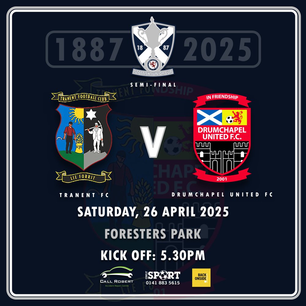 Scottish Junior FA (@scottishjuniors) on Twitter photo TOMORROW!
Almost time for our 2nd #CallRobertAccidentRepair Semi-final 1st Leg as <a href="/DrumchapelUWOS/">Drumchapel United F.C WOSFL</a> travel to face <a href="/TranentFC/">Tranent FC</a> with a 5.30pm Kick Off!  <a href="/OnlySportLTD1/">Only Sport LTD</a> TOMORROW!
Almost time for our 2nd #CallRobertAccidentRepair Semi-final 1st Leg as <a href="/DrumchapelUWOS/">Drumchapel United F.C WOSFL</a> travel to face <a href="/TranentFC/">Tranent FC</a> with a 5.30pm Kick Off!  <a href="/OnlySportLTD1/">Only Sport LTD</a>