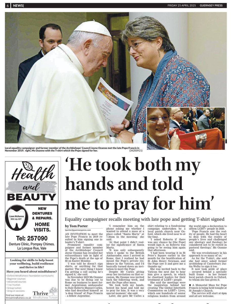 I am fortunate to have some very special memories of #PopeFrancis, not least the very special act of him signing a T-shirt (which he rarely ever did) which I’d worn to St John Henry Newman’s beatification (who had built our church), and which I then asked Justin Welby to sign…