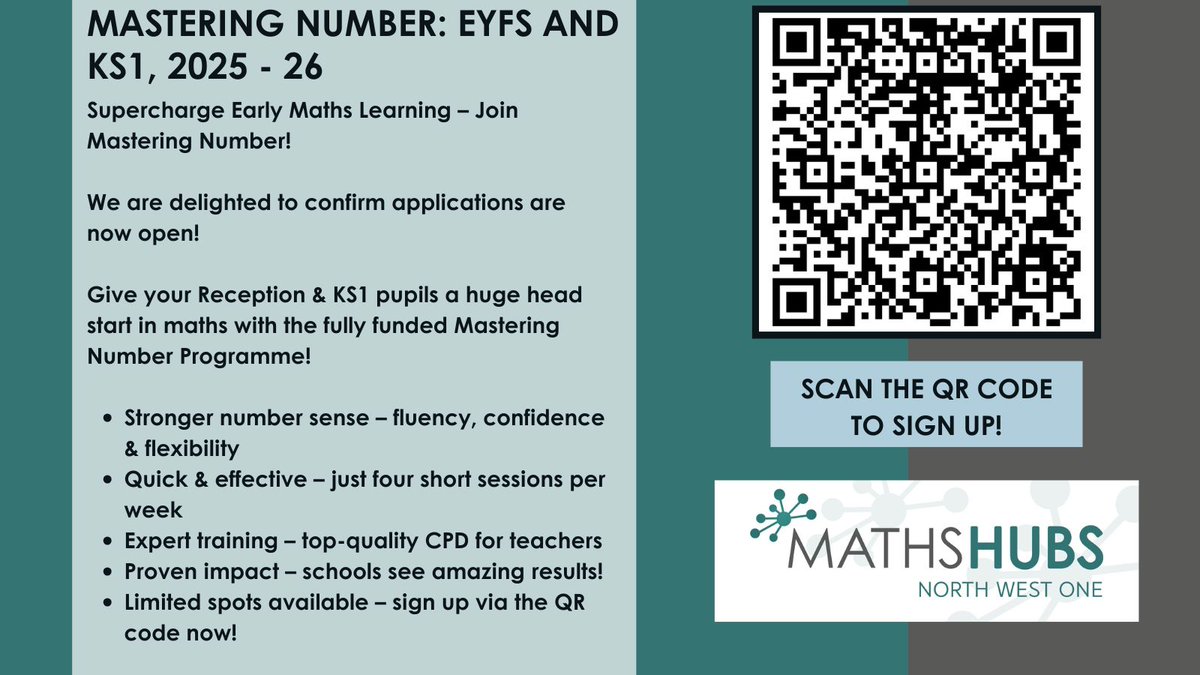 Applications are now OPEN for Mastering Number at Early Years and Key Stage 1; the fantastic early number sense programme having such a positive impact in schools.

Don't miss out and sign up here! - forms.gle/yZ9sTBdAjqfEYe…