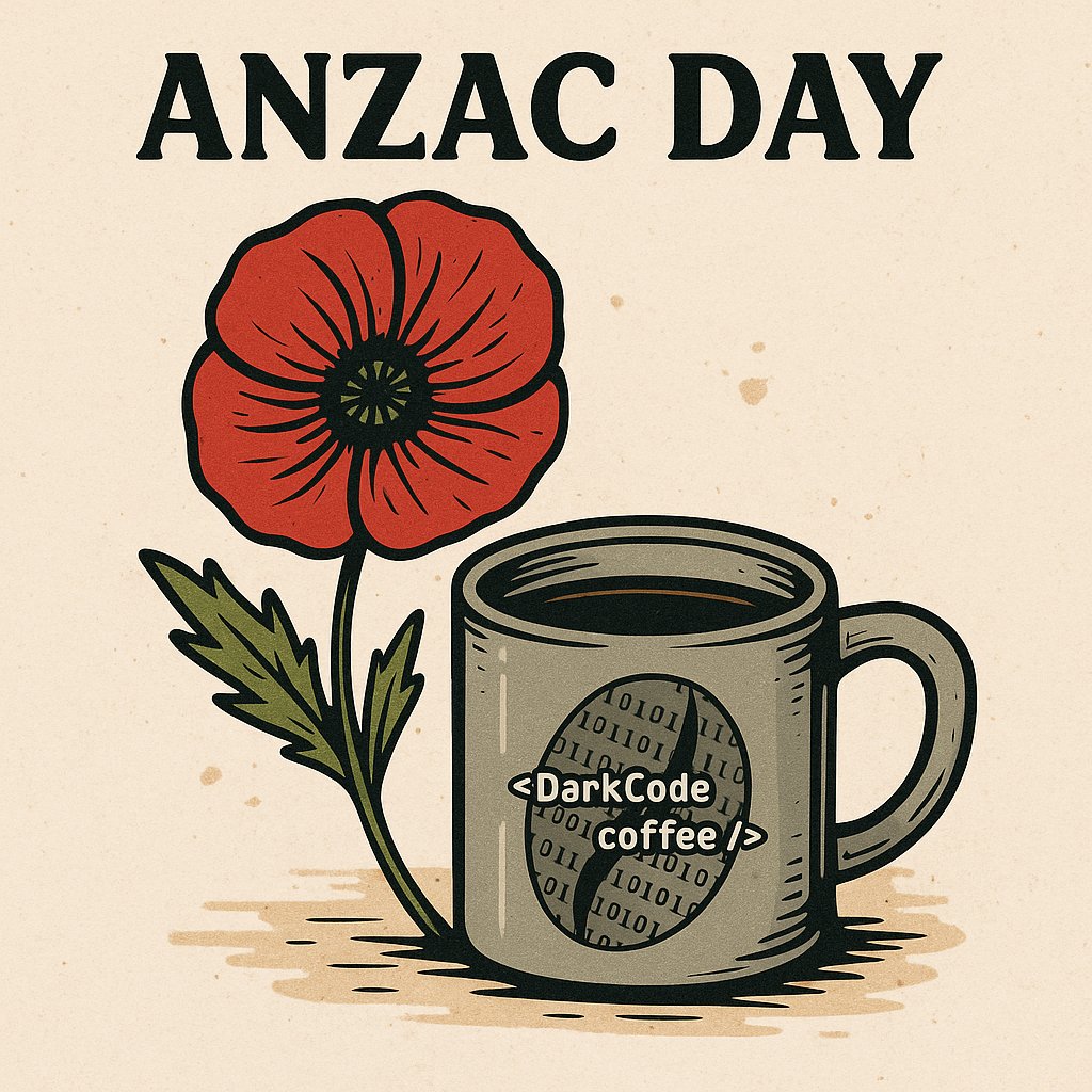 DarkCodeCoffee's tweet photo. Deploying respect to our mates in Australia.
ANZAC Day: a tribute to true legends—no bugs, just bravery.
Lest we forget.
#DarkCodeCoffee #ANZACDay #CodeWithRespect #LestWeForget #ANZAC https://t.co/GOHu6WCdtN