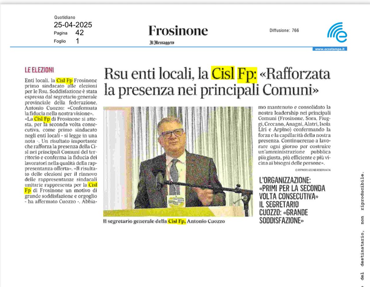 CislFpFrosinone's tweet photo. #RSU2025 su ENTI LOCALI , la Cisl FP Frosinone: «Rafforzata la #presenza nei principali #Comuni￼»
“Primi per la #seconda volta #consecutiva  e questo per noi tutti ma principalmente per le #delegate e i #delegati che si sono candidati è motivo di #orgoglio e #soddisfazione “ https://t.co/X3vR7MvzFr