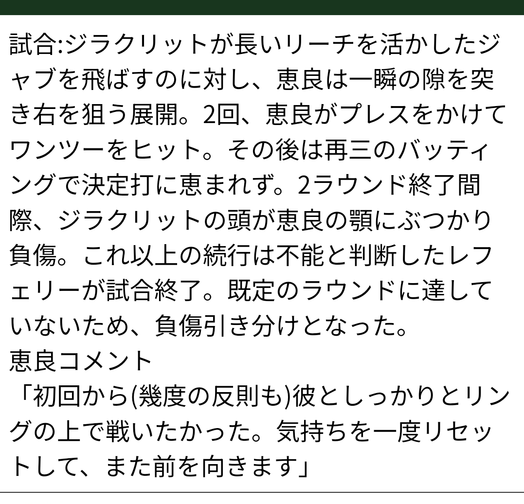 昨日恵良選手の試合ですがバッティングによる負傷でドローという裁定になりましたが相手選手の再三にわたる悪質(故意)なバッティングだった為只今審議中になっております。